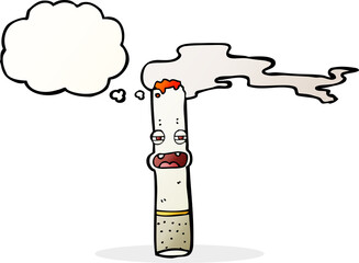 cartoon cigarette character with thought bubble