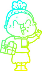 cold gradient line drawing cartoon happy old woman
