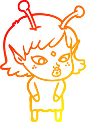 warm gradient line drawing pretty cartoon alien girl