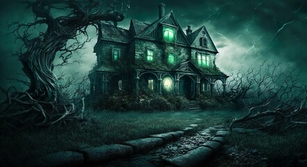 Horror abandoned house with lights on, spooky scenery in dark night Generative AI