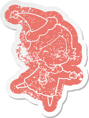 cartoon distressed sticker of a woman wearing santa hat