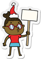 sticker cartoon of a woman wearing glasses wearing santa hat