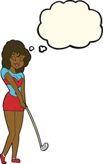 cartoon woman playing golf with thought bubble