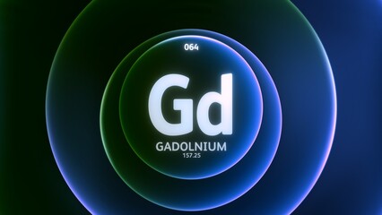 Gadolinium as Element 64 of the Periodic Table. Concept illustration on abstract green blue gradient rings seamless loop background. Title design for science content and infographic showcase display.