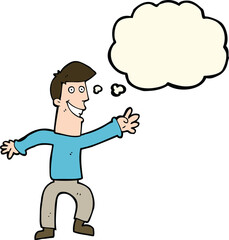cartoon happy man dancing with thought bubble