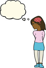 cartoon brainy woman with thought bubble