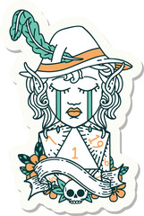 crying elf bard character face with natural one d20 dice roll sticker