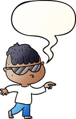 cartoon boy wearing sunglasses pointing and speech bubble in smooth gradient style