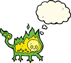 cartoon little fire demon with thought bubble