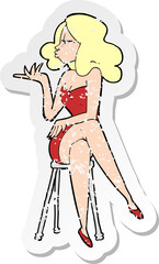 retro distressed sticker of a cartoon woman sitting on bar stool