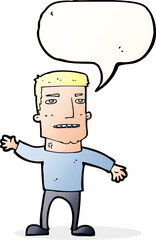 cartoon waving stressed man with speech bubble