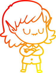 warm gradient line drawing happy cartoon elf girl