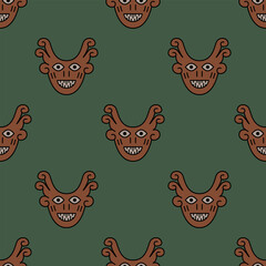 Seamless tribal pattern with Native American masks. Ethnic design of Nazca Indians from ancient Peru. On green background.