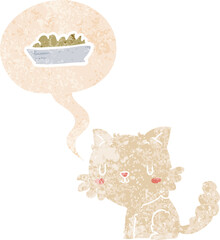 cartoon cat and food and speech bubble in retro textured style