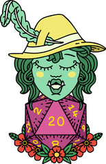 half orc bard with natural twenty dice roll  illustration