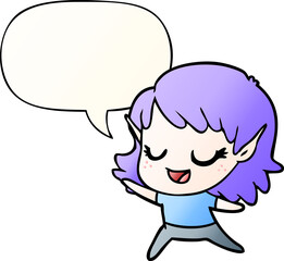 carton happy elf girl dancing and speech bubble in smooth gradient style