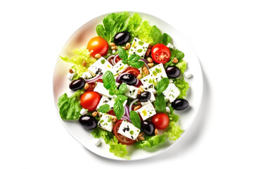 Delicious Tasty Greek Salad  in a Wooden Bowl. Healthy Food, Fresh Vegetables with Sauce. Isolated on a white Background. Generative AI.
