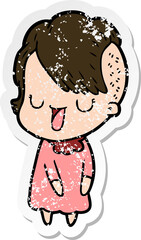 distressed sticker of a cute cartoon girl with hipster haircut