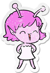 distressed sticker of a cartoon alien girl laughing