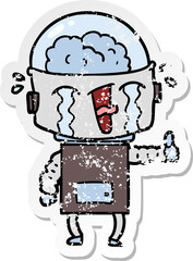 distressed sticker of a cartoon crying robot making gesture