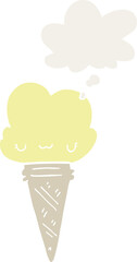 cartoon ice cream with face and thought bubble in retro style