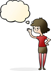 cartoon friendly girl waving with thought bubble