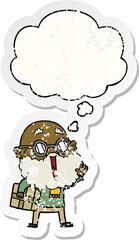 cartoon joyful man with beard and parcel under arm and thought bubble as a distressed worn sticker