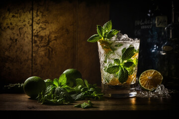 A mojito cocktail, dark background