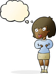 cartoon woman making Who Me? gesture with thought bubble