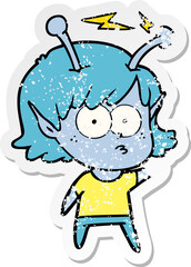 distressed sticker of a cartoon alien girl