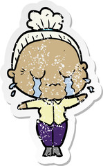 distressed sticker of a cartoon crying old lady