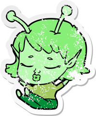 distressed sticker of a cute alien girl cartoon