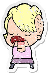 distressed sticker of a cartoon cool hipster girl talking