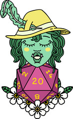 half orc bard with natural twenty dice roll  illustration