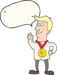 speech bubble cartoon waving man with award