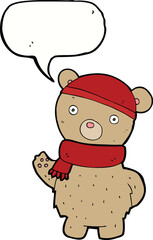cartoon teddy bear in winter hat and scarf with speech bubble