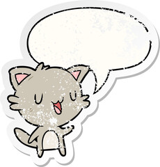 cartoon happy cat and speech bubble distressed sticker