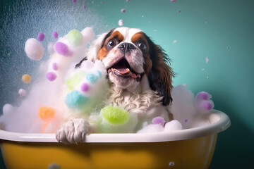 AI generated portrait of a puppy cavalier king charles spaniel in colorful foam lather - obrazy, fototapety, plakaty
