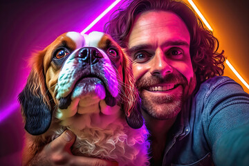 AI generated selfie of a man with his dog in neon lights