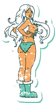 distressed sticker tattoo style icon of a pinup viking girl