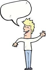 cartoon happy man waving with speech bubble