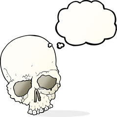 cartoon spooky old skull with thought bubble