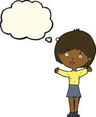 cartoon worried woman with thought bubble