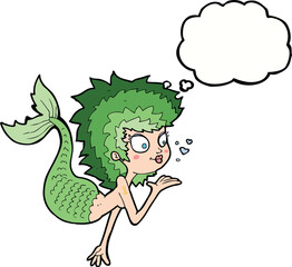 cartoon mermaid blowing a kiss with thought bubble