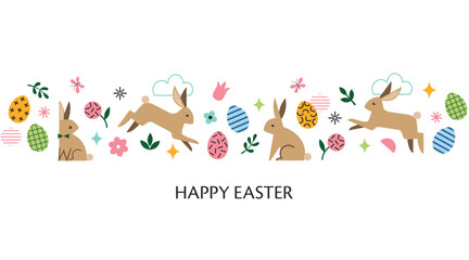 Easter horizontal banner, greeting card, background with bunnies and coloured eggs on white background. Colourful geometric template for Easter graphic design. - 576110428