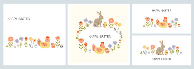 Set of Happy Easter cards with bunny, Easter eggs and chicken in warm pastel colours. Set of horizontal and square templates for Easter greeting card, banner, cover, packaging in folk decorative style
