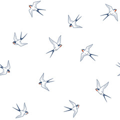 Seamless pattern of line art decorative swallows birds on white background. Minimal art abstract background, textile design, wrapping paper of flying birds. - 576110496