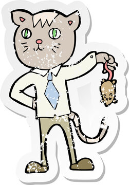 retro distressed sticker of a cartoon business cat with dead mouse