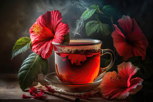 AI generated tea karkade, hibiscus tea with fresh flowers