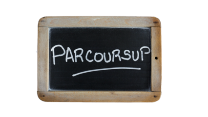 le mot "Parcoursup" écrit en français sur une ardoise isolé sur un fond blanc